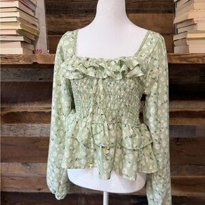 Derek Heart Sage Green Daisy Smocked Ruffle Blouse
